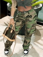 High Waist Camo Cargo Jeans Medium Stretch Denim Pants