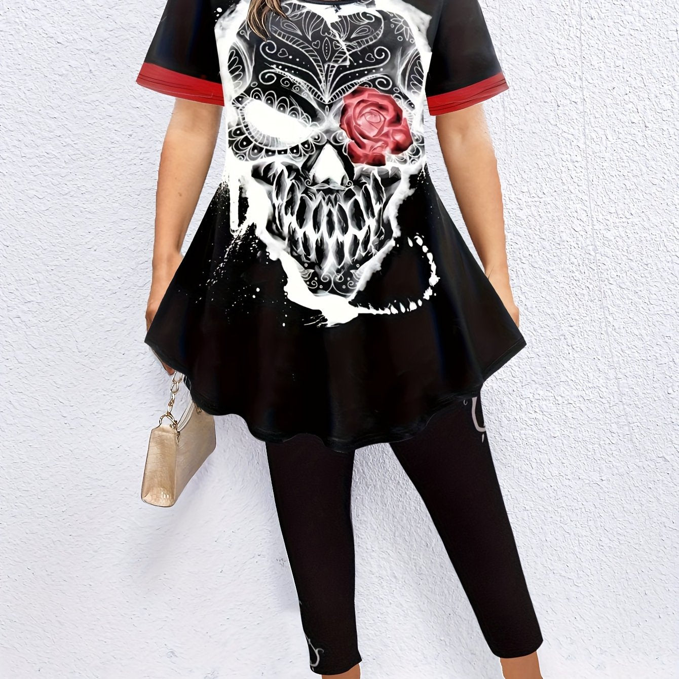 Women's Plus Size Skull & Floral Print Top & Leggings Set
