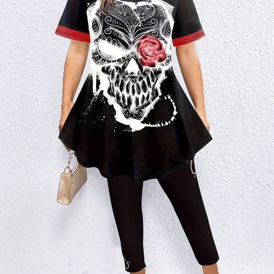 Women's Plus Size Skull & Floral Print Top & Leggings Set