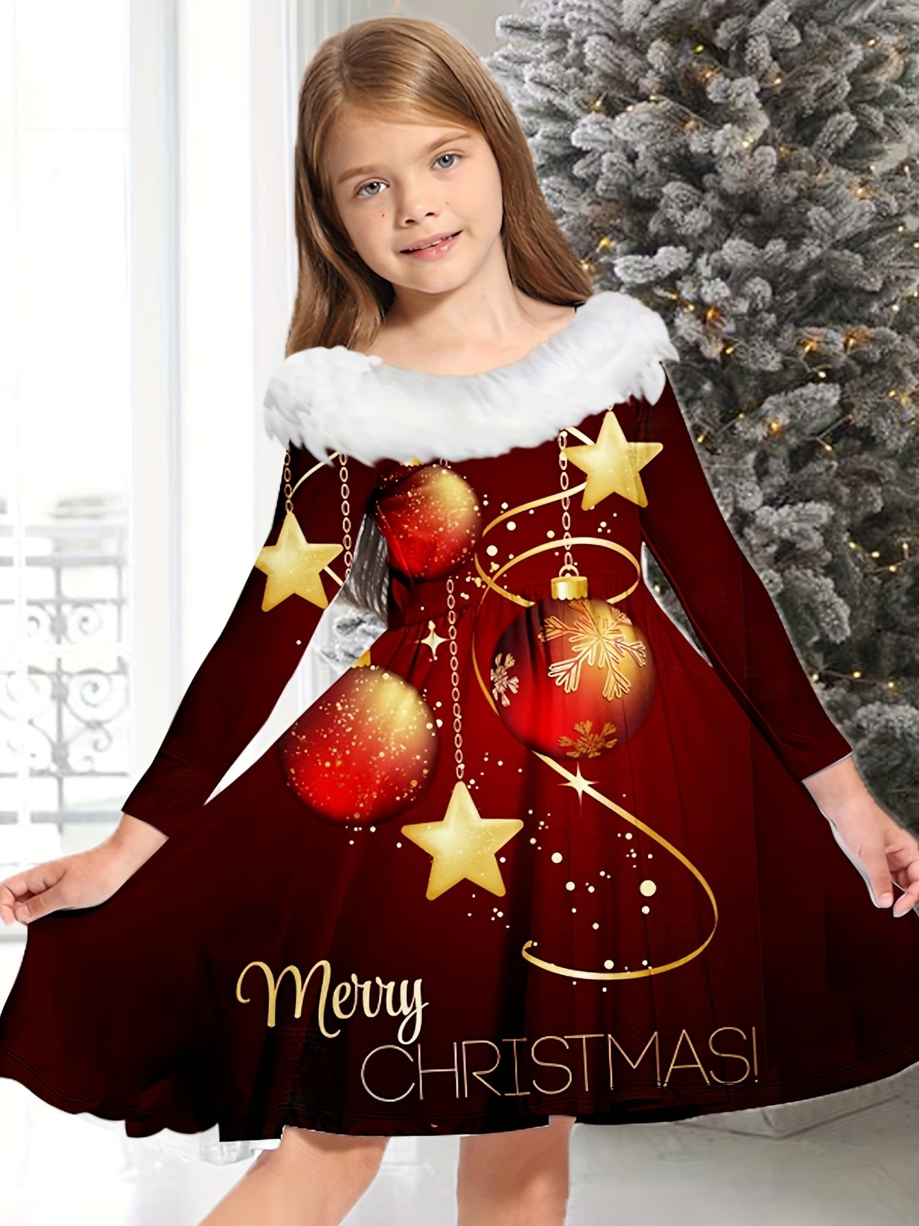 Girls MERRY CHRISTMAS Print Crew Neck Long Sleeve Dress For Christmas Gift