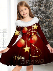 Girls MERRY CHRISTMAS Print Crew Neck Long Sleeve Dress For Christmas Gift