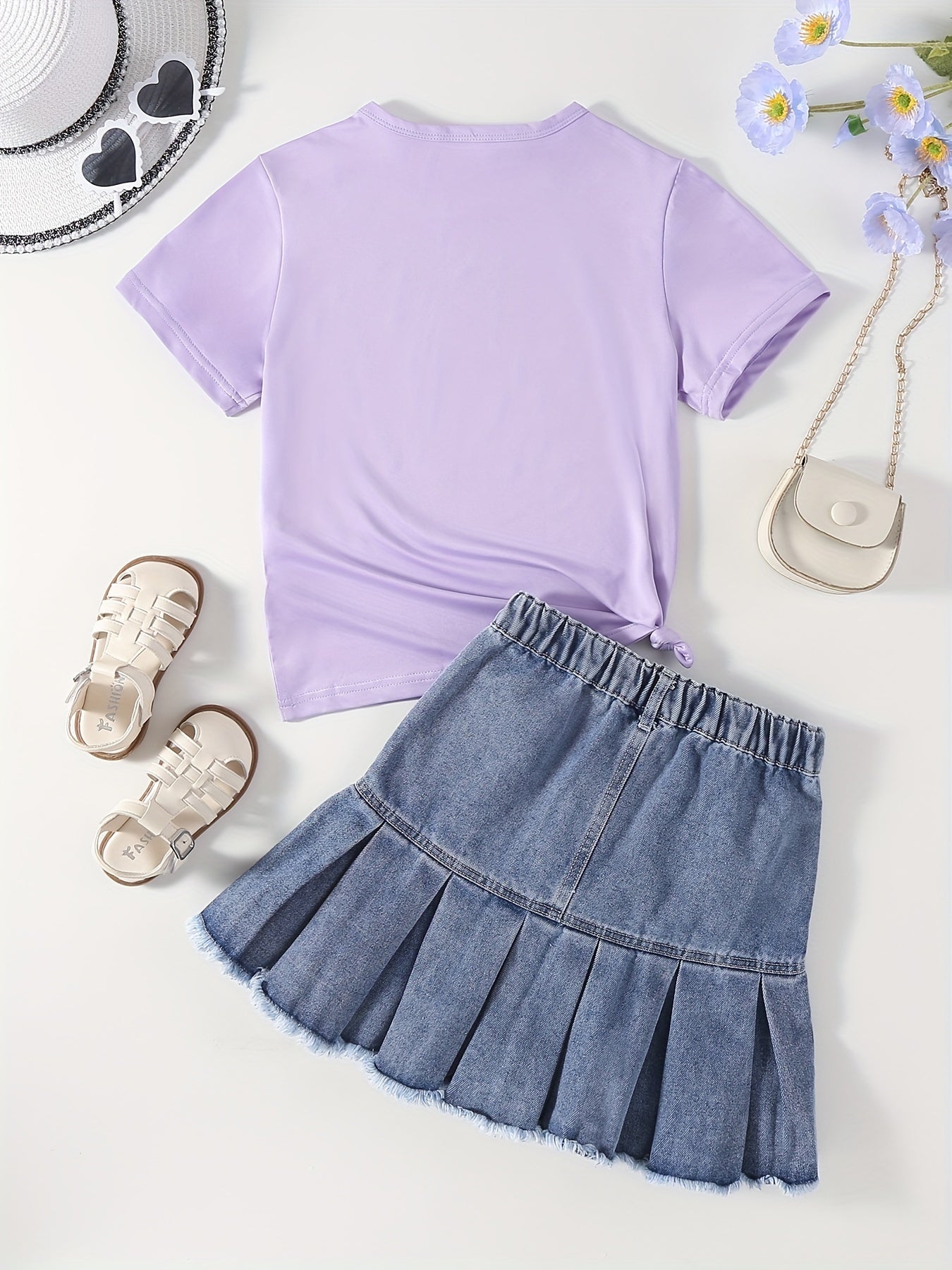 Girl's HAPPY EVERY Letter Tee Top & Denim Skirt Set