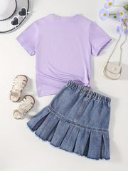 Girl's HAPPY EVERY Letter Tee Top & Denim Skirt Set