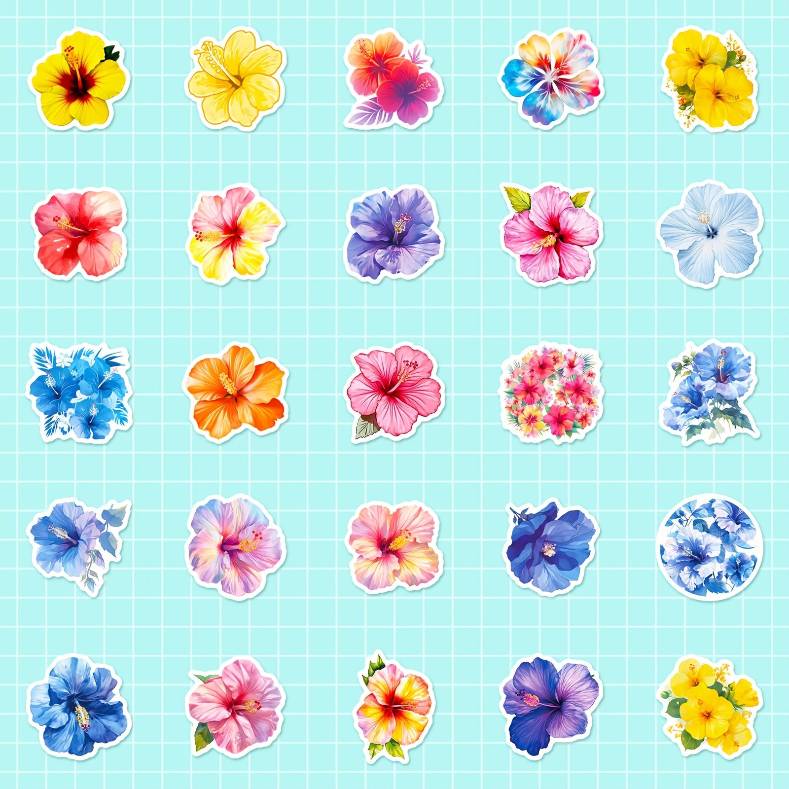 50pcs Watercolor Hibiscus Flower Stickers for Planners & Crafts
