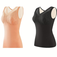 2pcs Lace Thermal Underwear V Neck Sleeveless Top Women's Lingerie