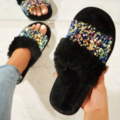 Women's Sequins Fluffy Slippers Warm Plush Indoor Fuzzy Slippers
