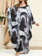 Marble Print Batwing Sleeve Round Neck Plus Size Kaftan Dress