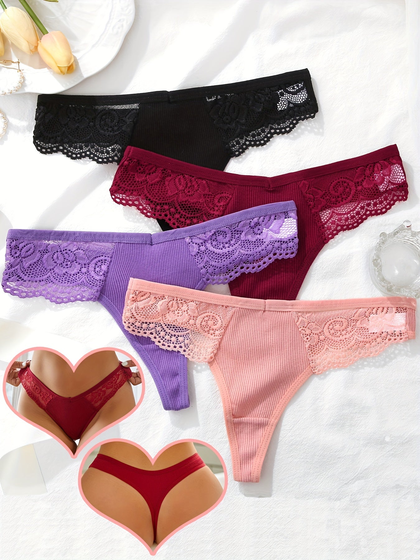 4pcs Lace Ribbed Thongs Sexy Intimates Panties Women's Lingerie