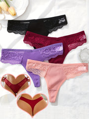 4pcs Lace Ribbed Thongs Sexy Intimates Panties Women's Lingerie