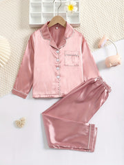 2pcs Girls Pale Pinkish Gray Pajamas Set Long Sleeve Tops & Pants