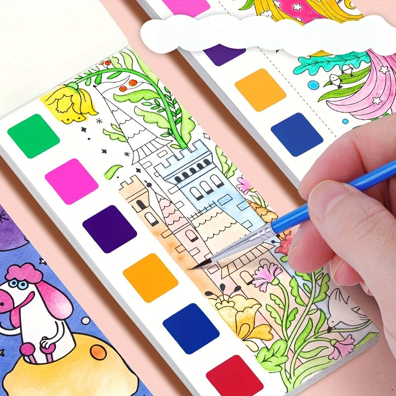 12pcs Watercolor Coloring Book for Kids, Built-in Watercolor Palette