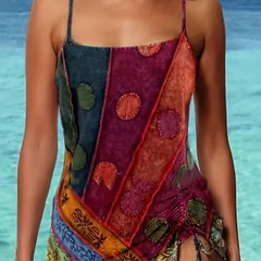 Colorblock Floral Tankini Set with Tassel Detail