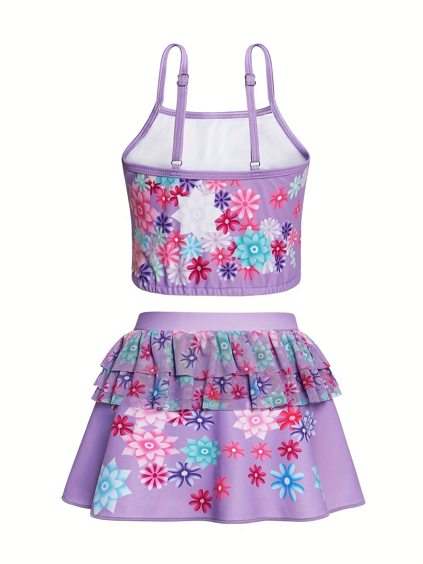Girls 2-Piece Swimsuit Cartoon Flowers Top & Tutu Skirt Swimwear Set