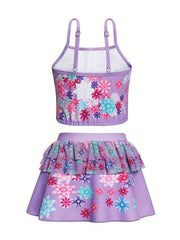 Girls 2-Piece Swimsuit Cartoon Flowers Top & Tutu Skirt Swimwear Set