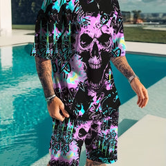 Men's Stylish Skull Graphic T-shirt & Comfy Shorts Set for Outdoor