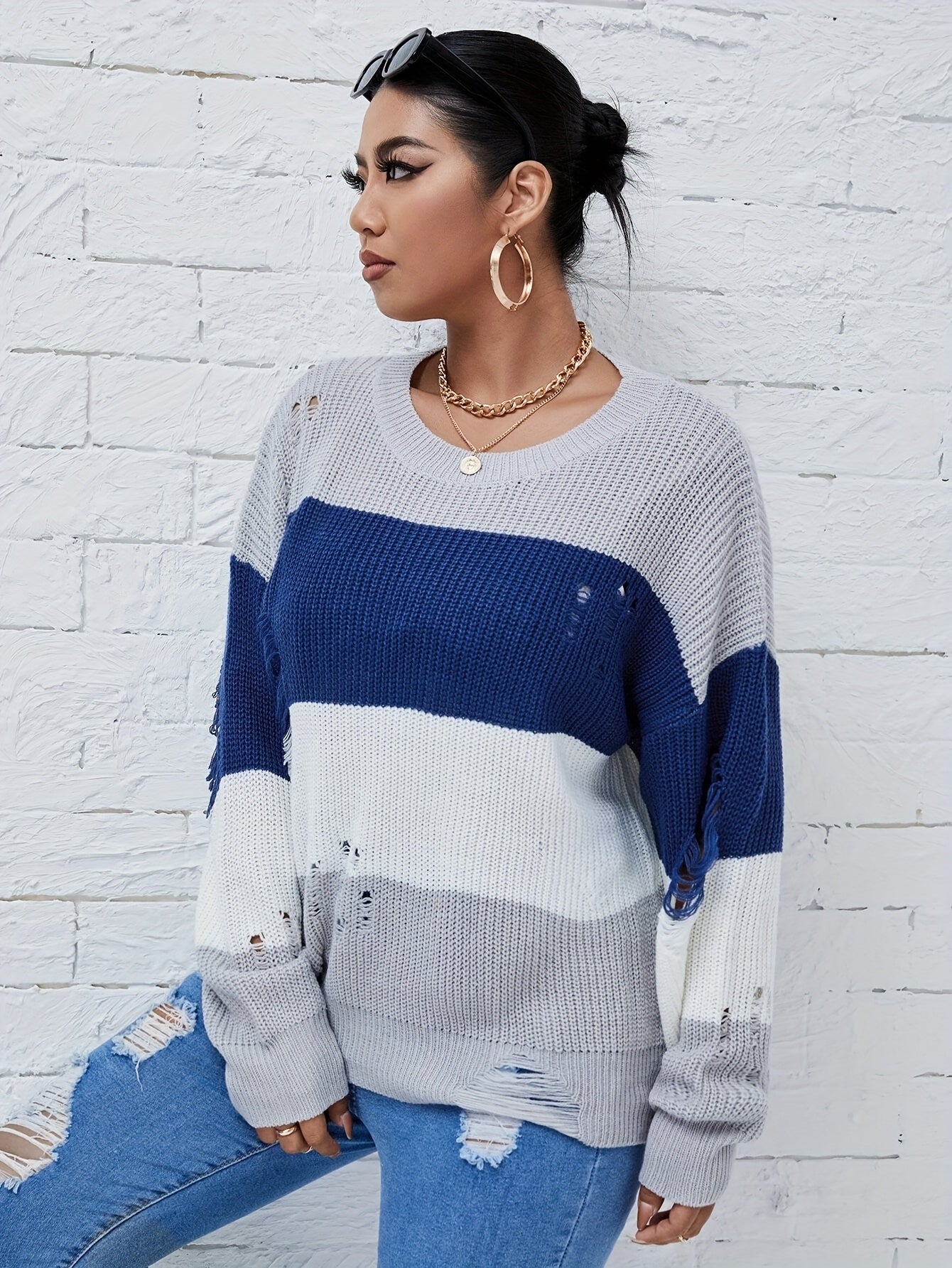 Casual Sweater Women's Plus Colorblock Ripped Drop Shoulder Sweater