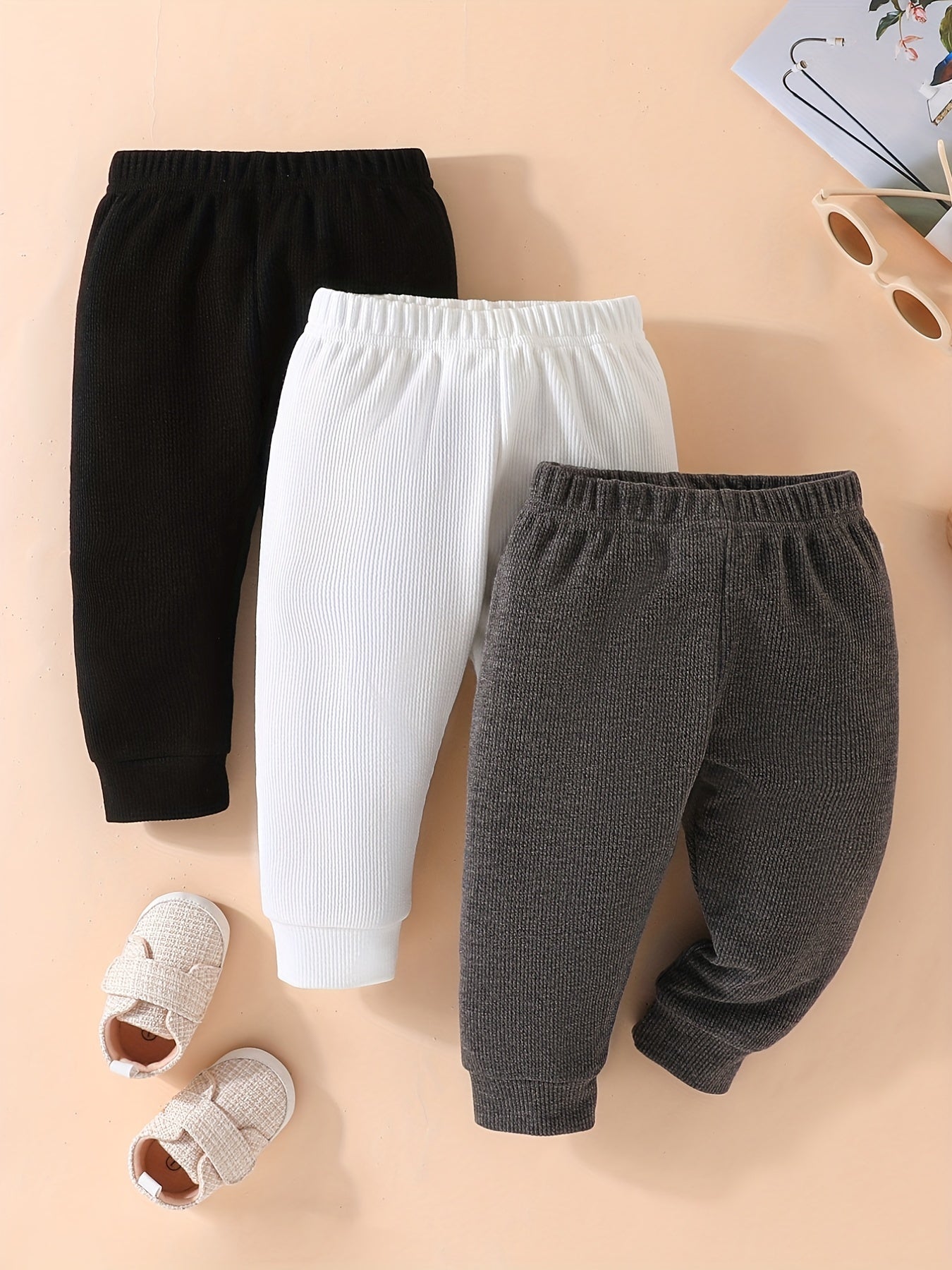 Toddler Baby Waffle Tricolor Pants Set Leggings Seamless Harem Style Ribbed Knit