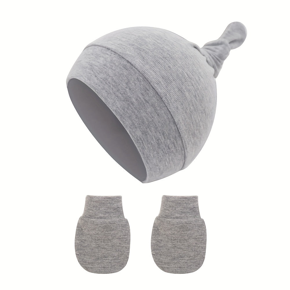 3pc Newborn Baby Hat & Mittens & Socks Soft Cotton Beanie Knot For 0-6 Months