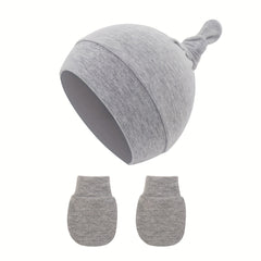 3pc Newborn Baby Hat & Mittens & Socks Soft Cotton Beanie Knot For 0-6 Months