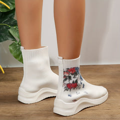 Women's Floral Print Stretch Sock Boots Slip On Ankle Boots