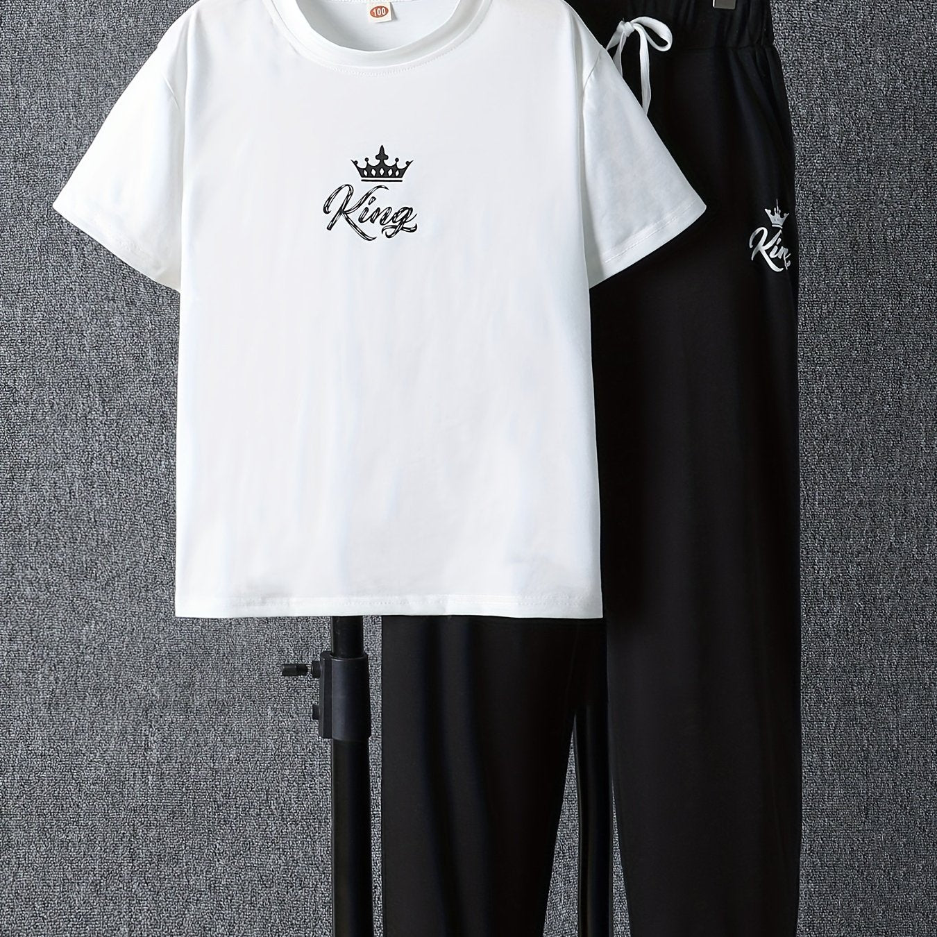 Cartoon Crown KING Print Boy's 2pcs T shirt & Drawstring Sweatpants Set