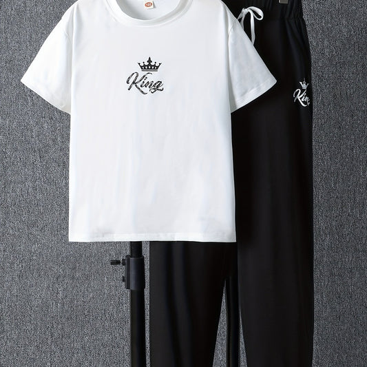 Cartoon Crown KING Print Boy's 2pcs T shirt & Drawstring Sweatpants Set