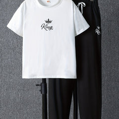 Cartoon Crown KING Print Boy's 2pcs T shirt & Drawstring Sweatpants Set