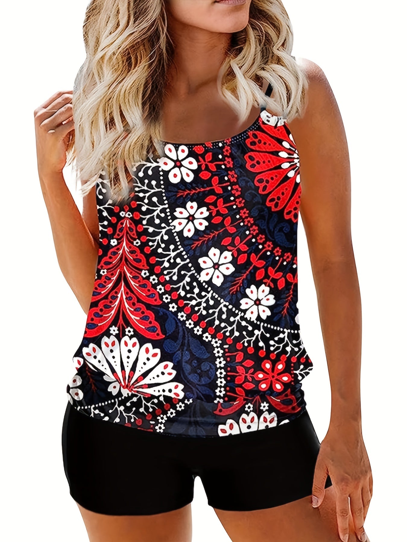 Floral Print Tankini Set Round Neck Cami Top & Boyshorts Swimsuit