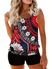 Floral Print Tankini Set Round Neck Cami Top & Boyshorts Swimsuit