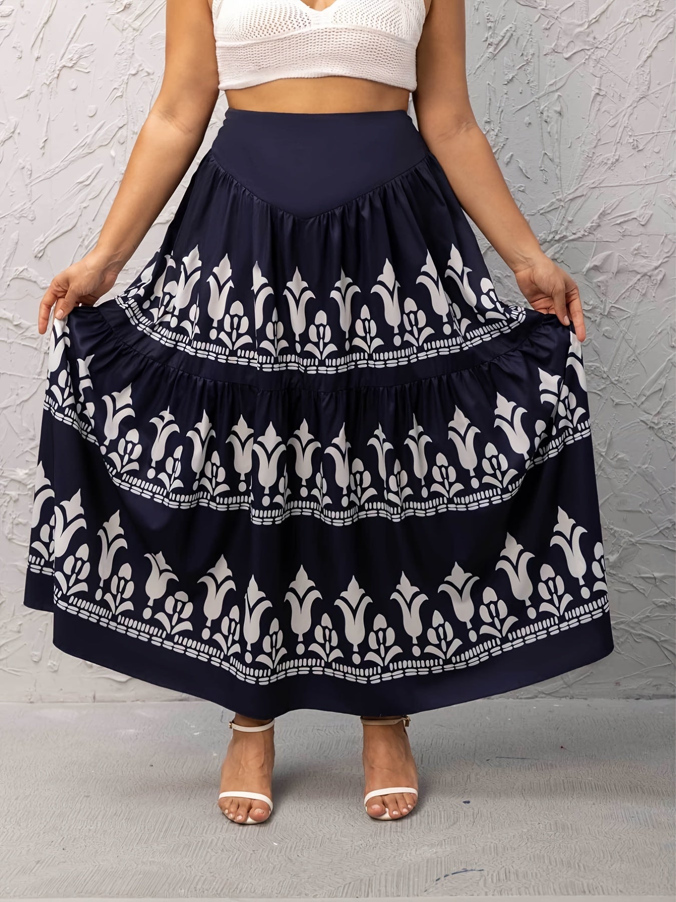 Boho Skirt Women's Plus Floral Print High Rise Pleated Maxi Smock Skir