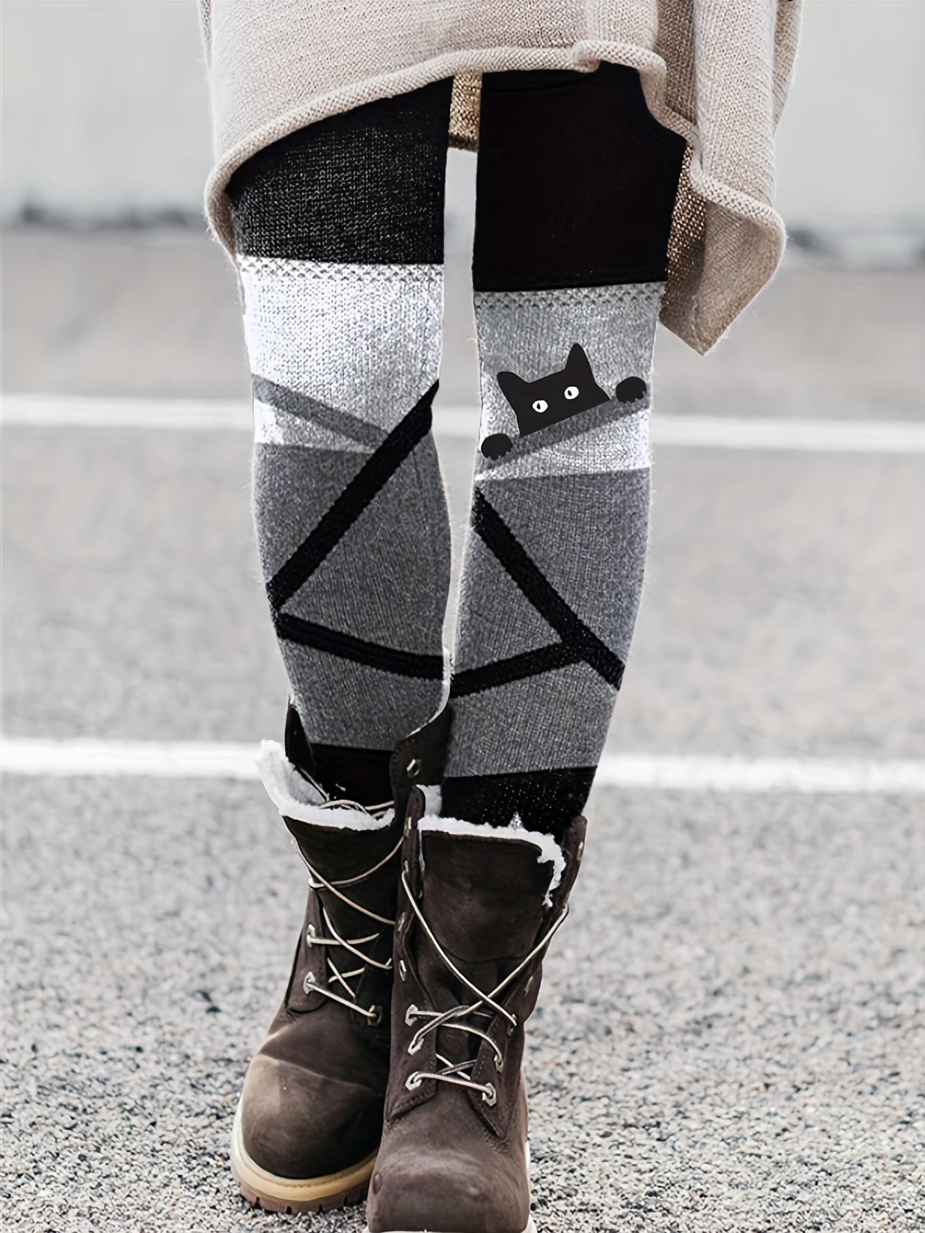 Cat & Stripe Print Skinny Leggings Casual Stretchy Leggings