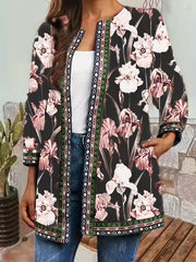 Floral Print Open Front Jacket Long Sleeve Casual Jacket for Fall & Winter