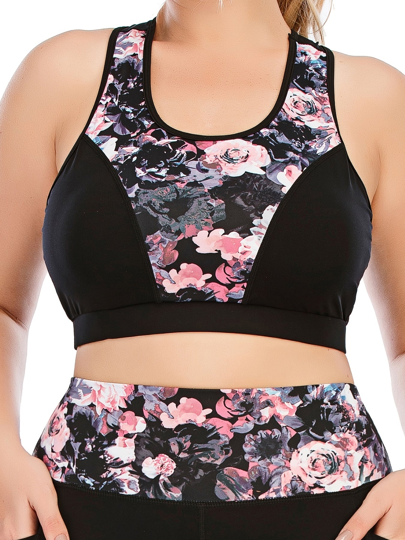 Floral Print Round Neck Yoga Bra Plus Size Comfortable Stretch Fitness Bra
