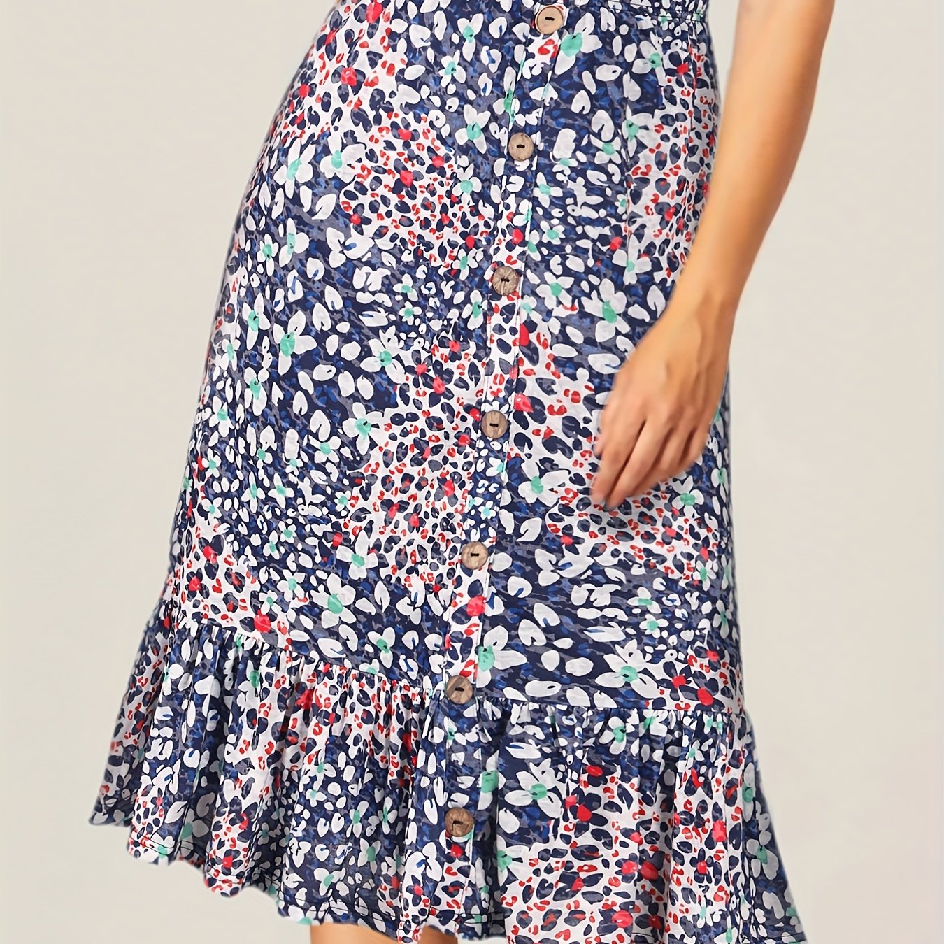 Floral Print High Waist Skirts Ruffle Trim Button Front Bag Hip Skirts