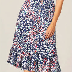 Floral Print High Waist Skirts Ruffle Trim Button Front Bag Hip Skirts