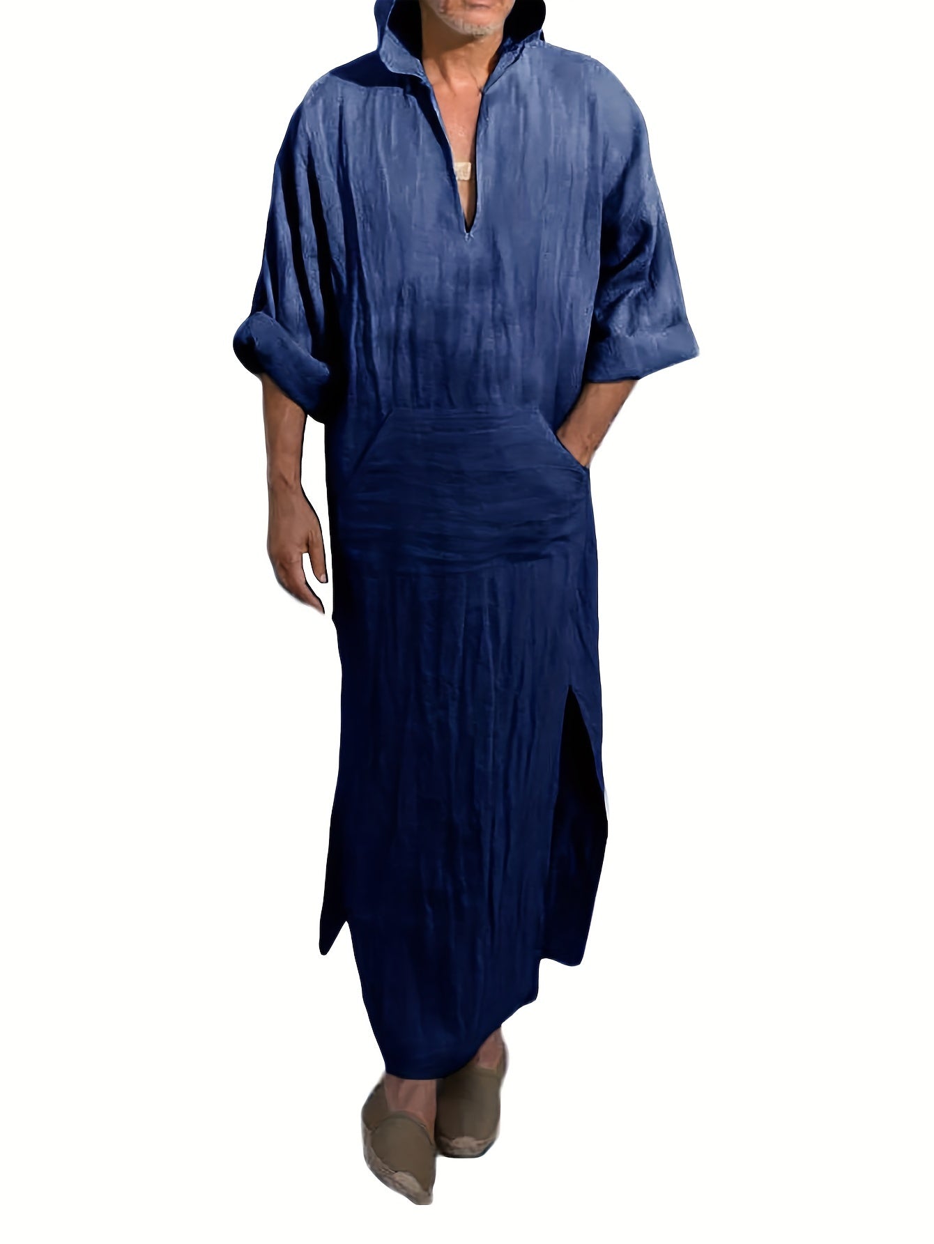 Islamic Arabic Kaftan Men Half Sleeve Hooded Solid V Neck Muslim Clothes Vintage