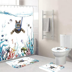 Swimming Cat Shower Curtain Set - Modern Bathroom Decor