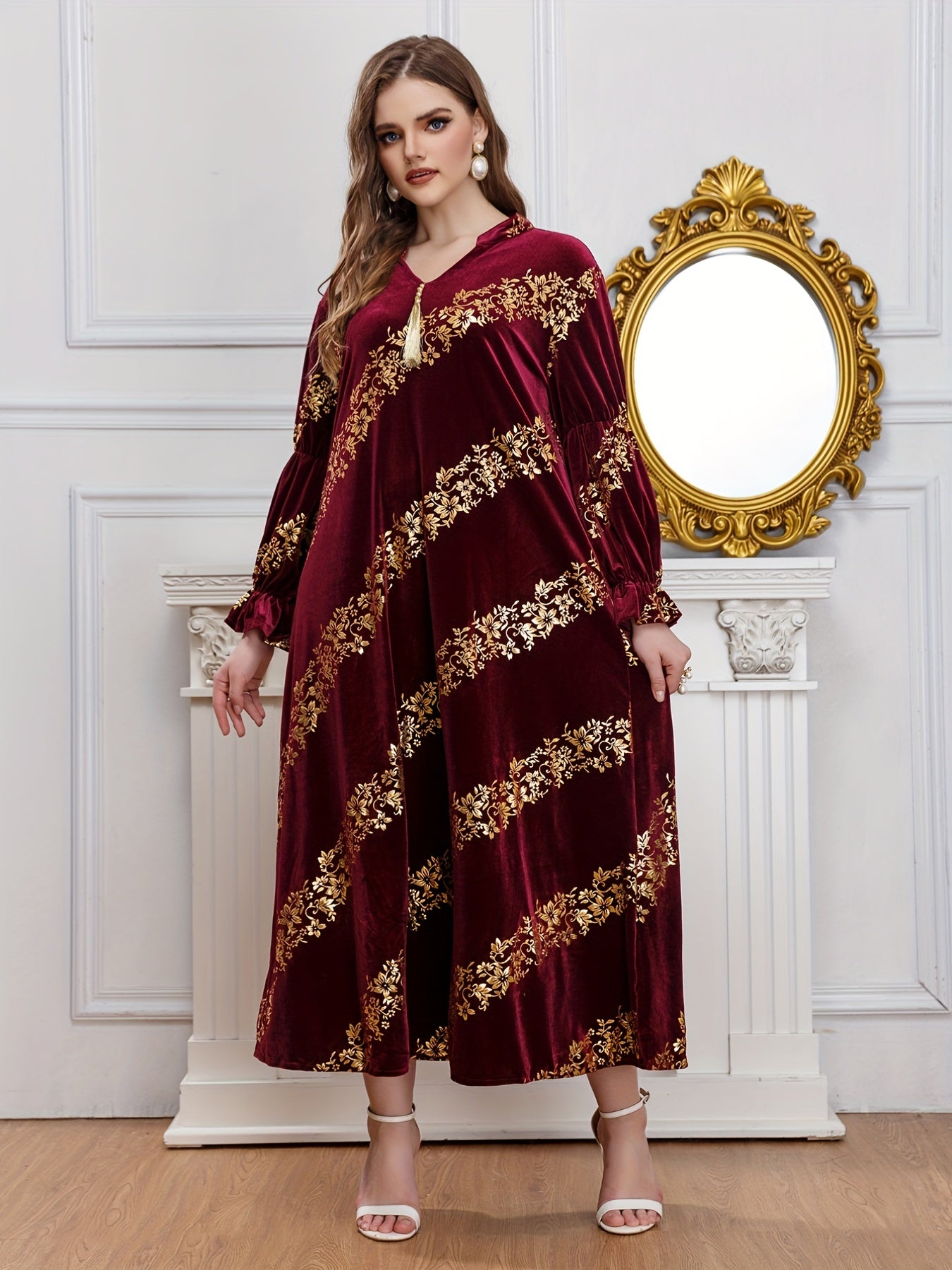 Golden Floral Print Flounce Sleeve Abaya Dress
