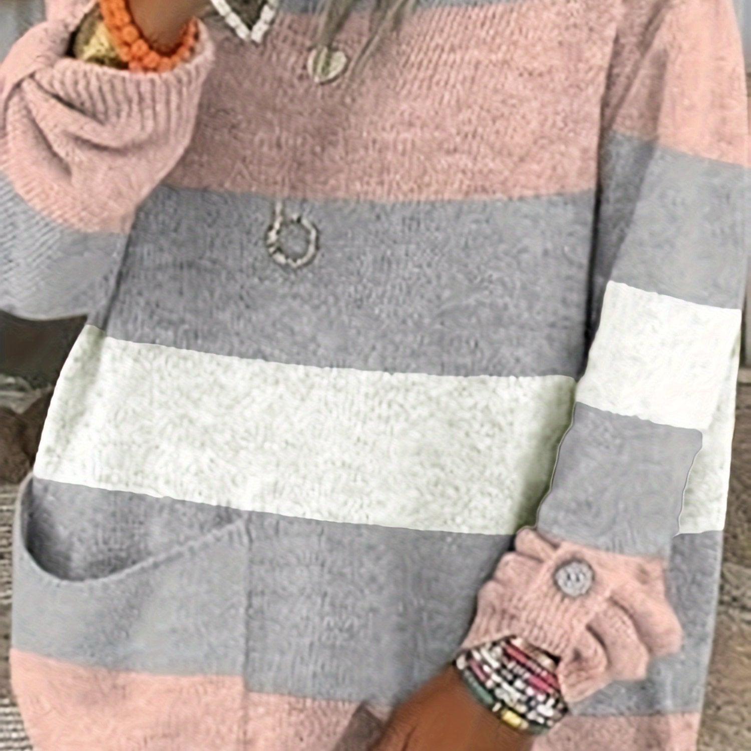Colorblock Buckle Sweater with Pockets