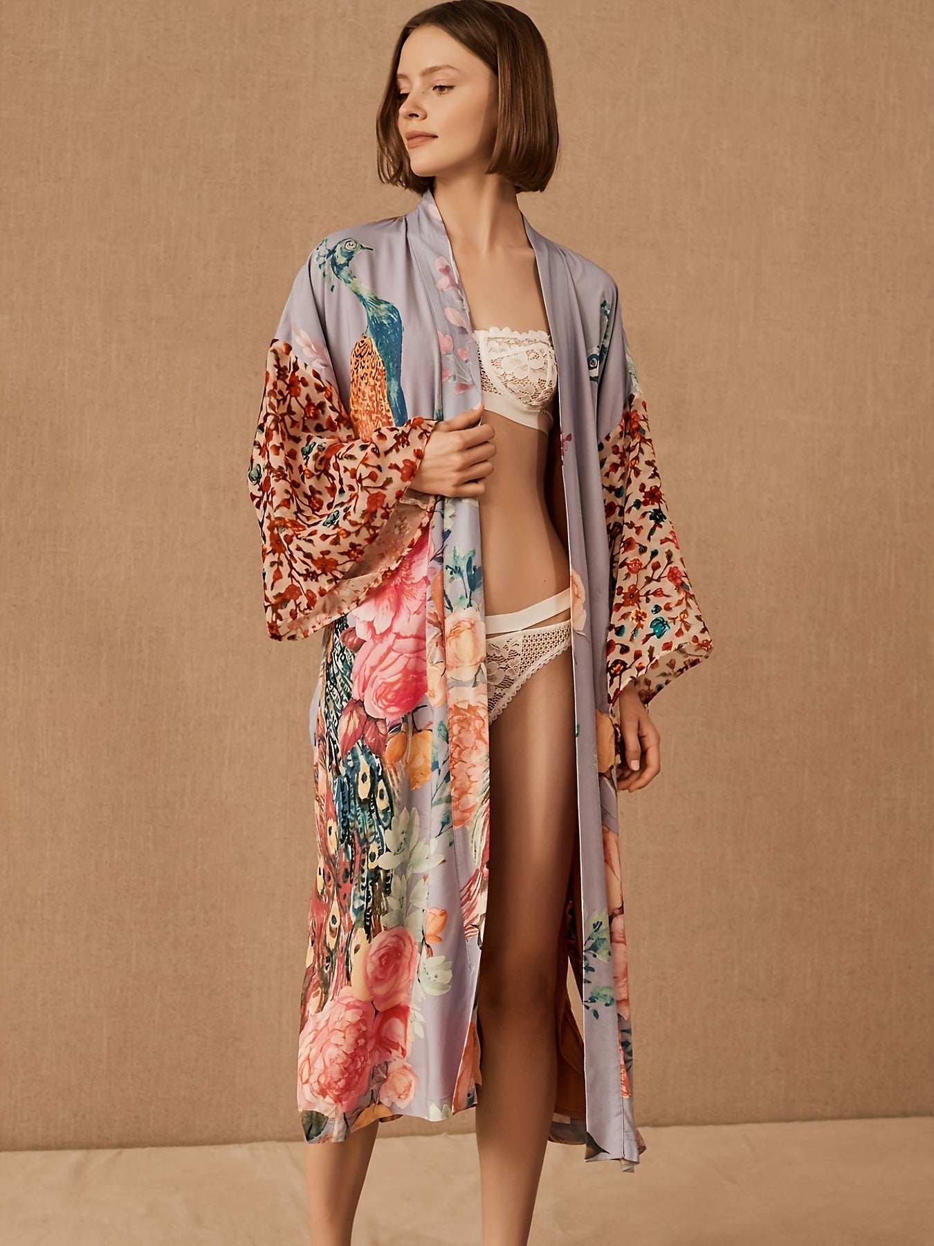 Floral Peacock Print Cover Up Kimono Long Sleeves Loose