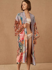 Floral Peacock Print Cover Up Kimono Long Sleeves Loose