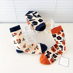 3 Pairs Floral Print Socks Comfy & Breathable Mid Tube Women's Stockings