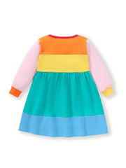 Girl's Rainbow Colorblock Stitching Embroidery Long Sleeve Dress