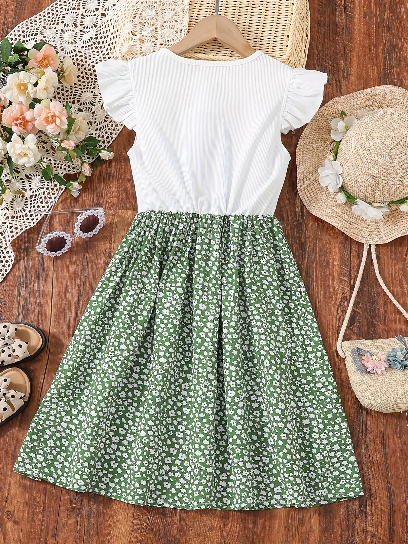 Toddler Girls Flutter Sleeve Dress Waist Hollow Flowers Graphic Princess Dress