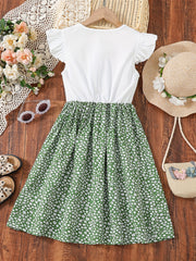 Toddler Girls Flutter Sleeve Dress Waist Hollow Flowers Graphic Princess Dress