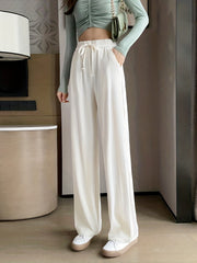 Solid Wide Leg Pants Casual High Waist Drawstring Elastic Pants