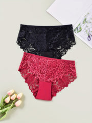 2 Pack Plus Size Lace Mid Rise Briefs Set