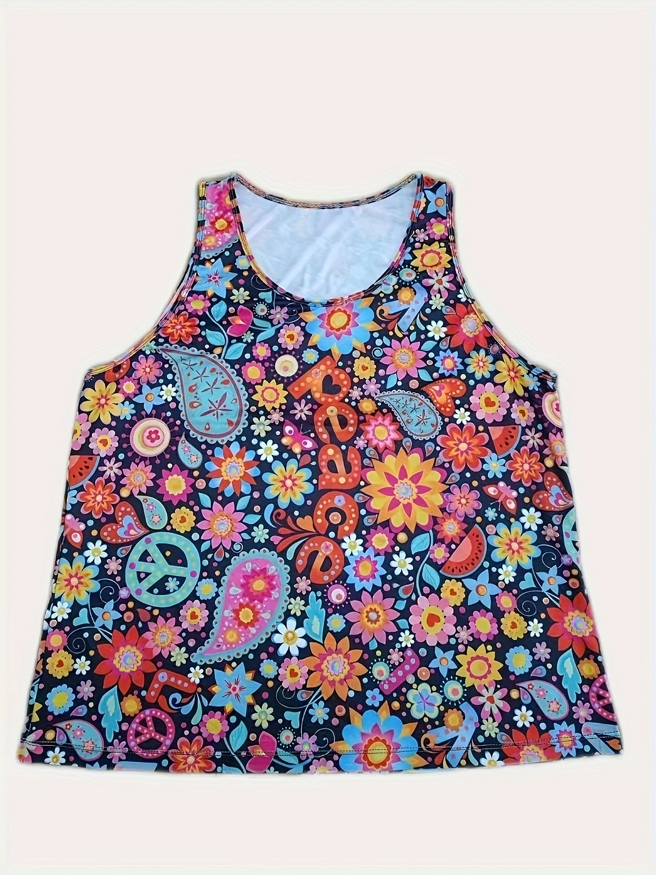 Boho Tank Top Women's Plus Paisley Print Round Neck Medium Stretch