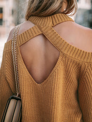 Solid Lantern Sleeve Cold Shoulder Knit Pullover Jumper