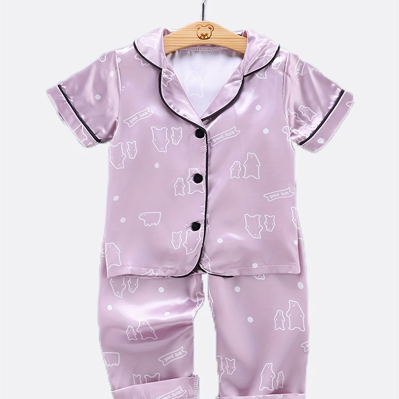 2pcs Bear Pattern Kid's Satin Pajamas Set Short Sleeve Button Front Top & Pants